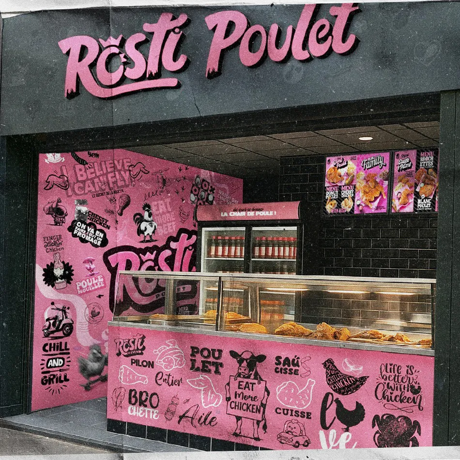 Décoration murale originale et aménagement d’un fast-food Rôsti Poulet par Allogood