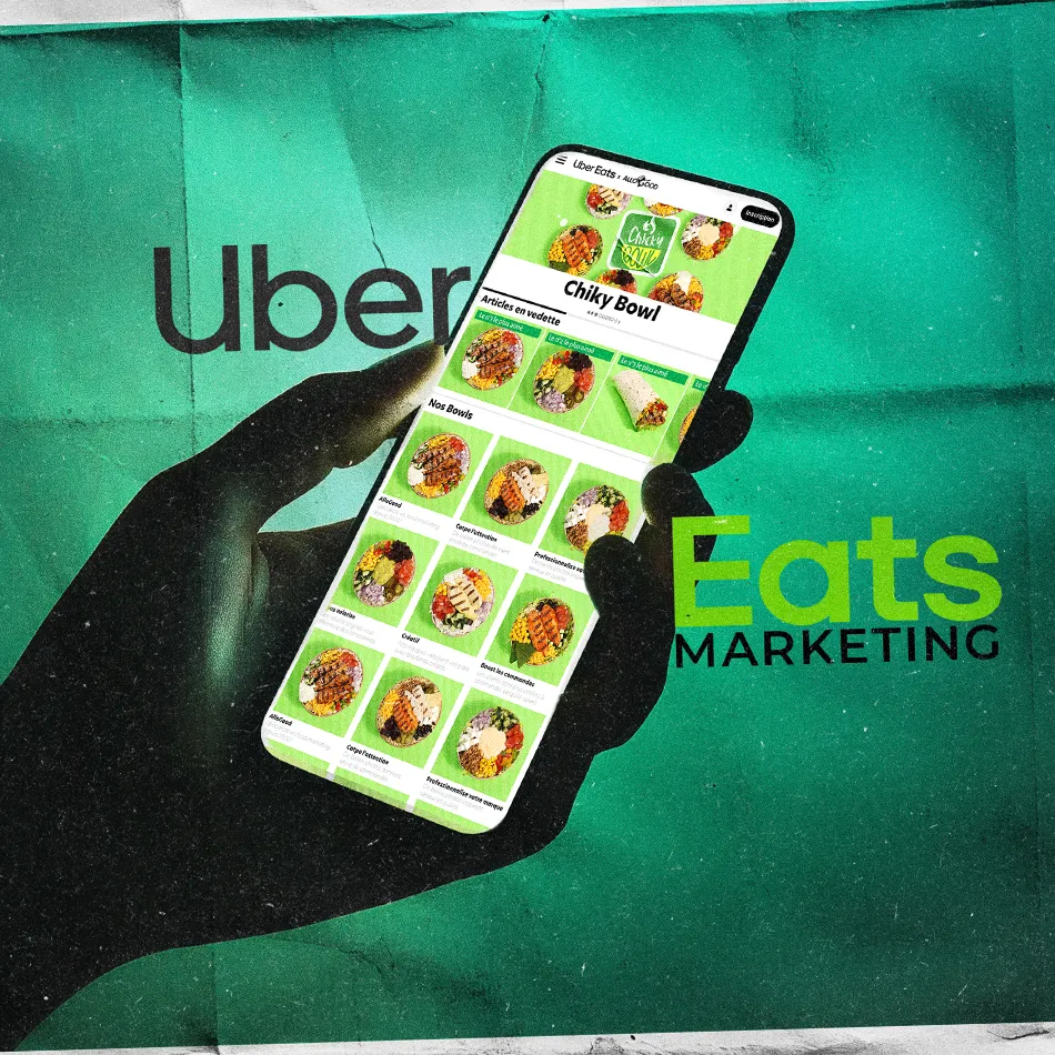 Visuel d’un smartphone affichant une carte Uber Eats avec des bowls, tenu par une main sur fond vert marqué Uber Eats Marketing – illustration du service de gestion de plateformes de livraison.