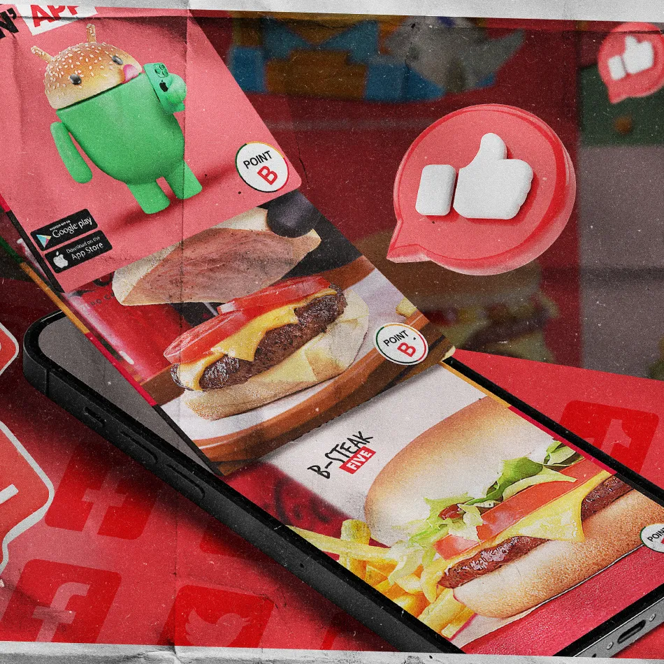 Visuel d'une stratégie réseaux sociaux pour restaurants : mockup de smartphone affichant des burgers, icônes sociales (Facebook, Twitter), et mascotte Android en forme de hamburger.