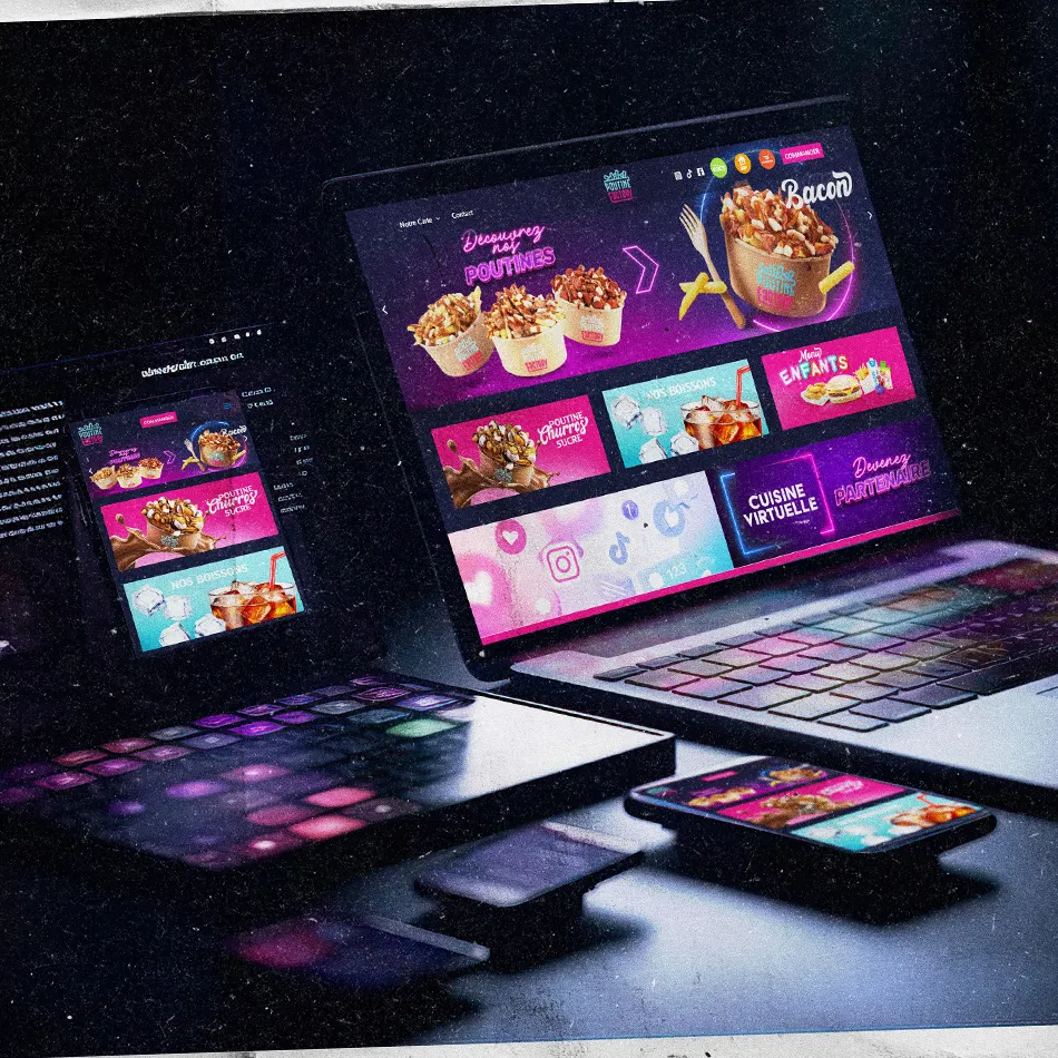 Design de site internet pour restaurant, affiché sur ordinateur, tablette et smartphone – interface colorée et responsive avec visuels food (poutines, boissons, menus enfants) et icônes de réseaux sociaux.