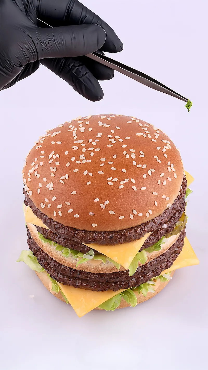 Stylisme culinaire d’un burger géant au cheddar, réalisé avec précision à la pince par une main gantée en noir