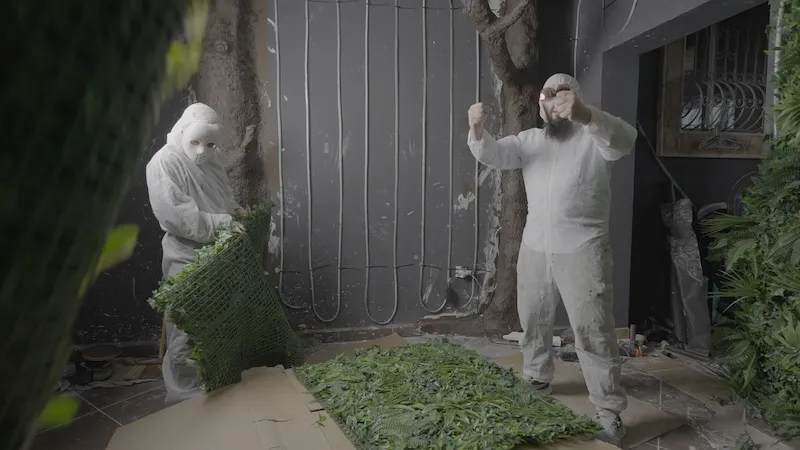 Mickael Bouchisse alias Superfoodman en tenue de chantier pendant les travaux du studio Allogood
